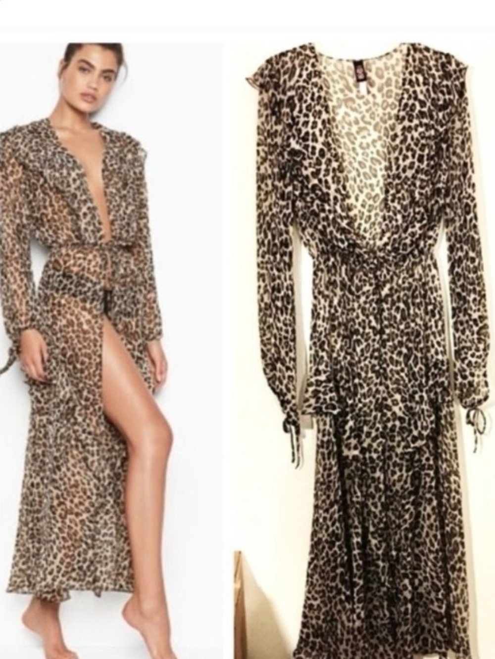 Victoria’s Secret semi sheer ruffle cheetah maxi robe xs/s